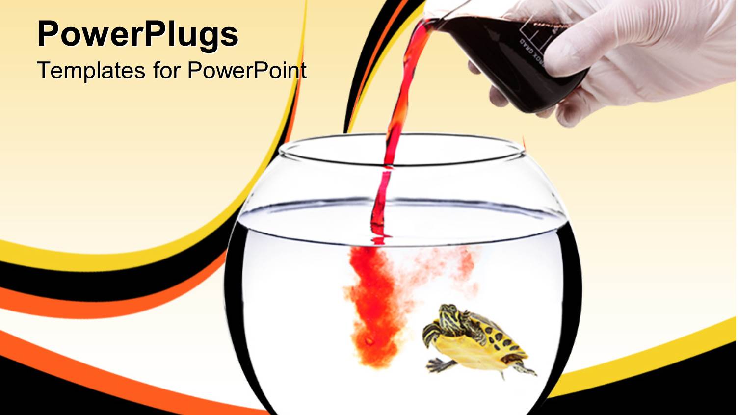 tiny Sea Turtle in a Fish Bowl and a Scientist Pouring in Red Liquid