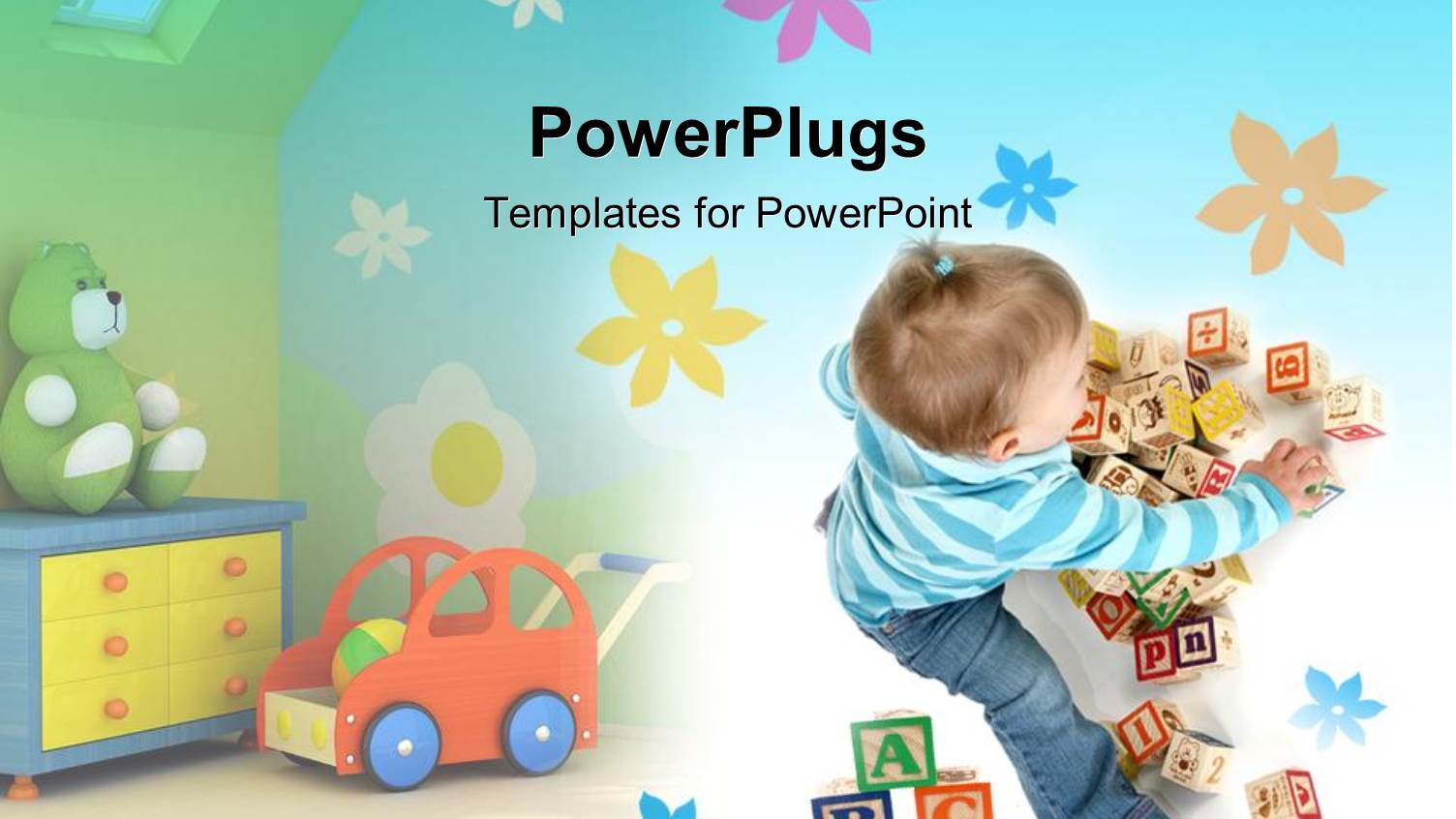 Toddler Girl Surrounded with Several Toys, Alphabetical Blocks, Teddy Bear