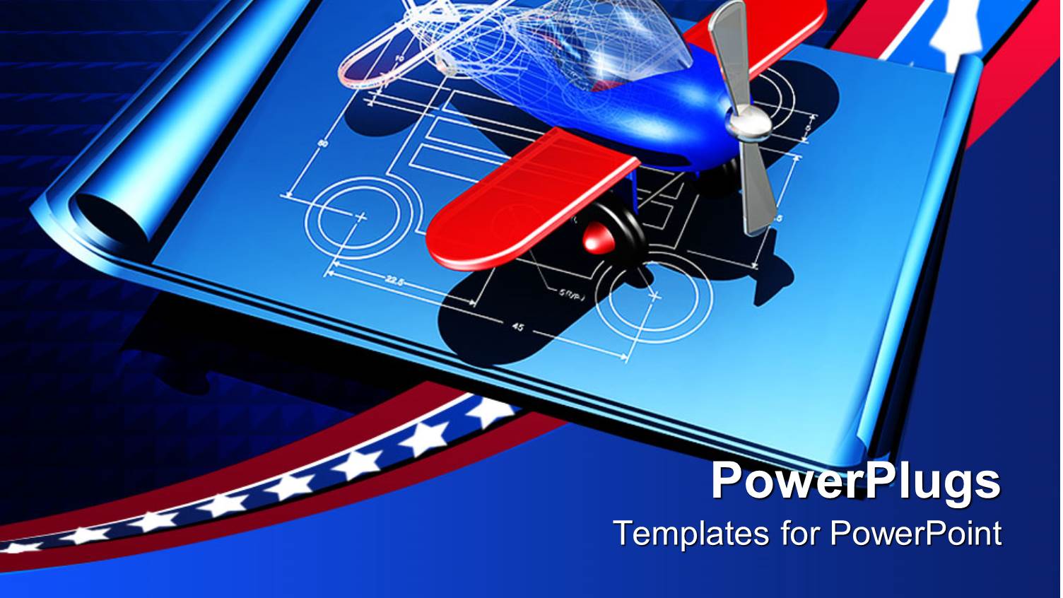 Toy Airplane, Plane Model on Blueprints with Stars of the us Flag on Blue Background