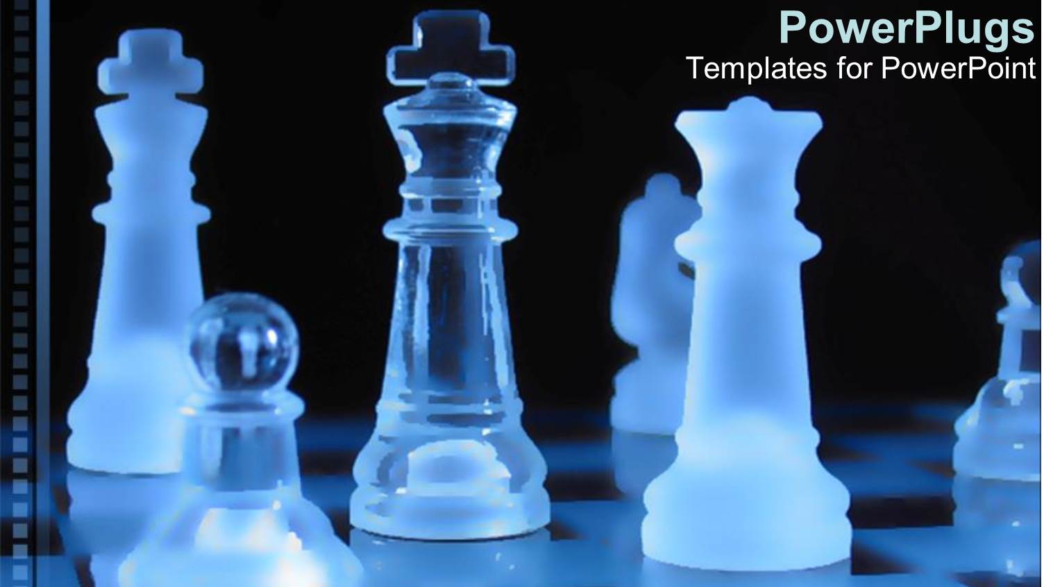 Transparent Blue Pieces on a Chess Board on a Black Background