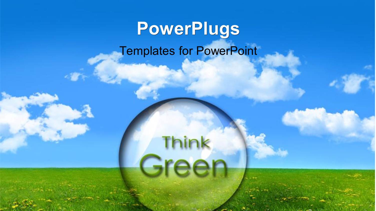 Transparent Glass Sphere with Text THINK GREEN Laying in Flower Field