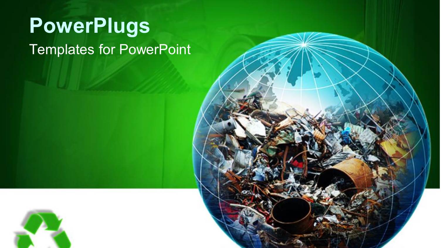 Transparent Globe Filled with Recyclable Trash on Green Background with Recycle Logo