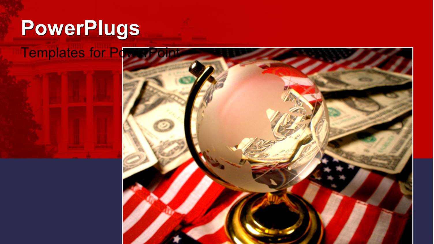 Transparent Globe Sitting on American Flag with Dollar Bills on Desk