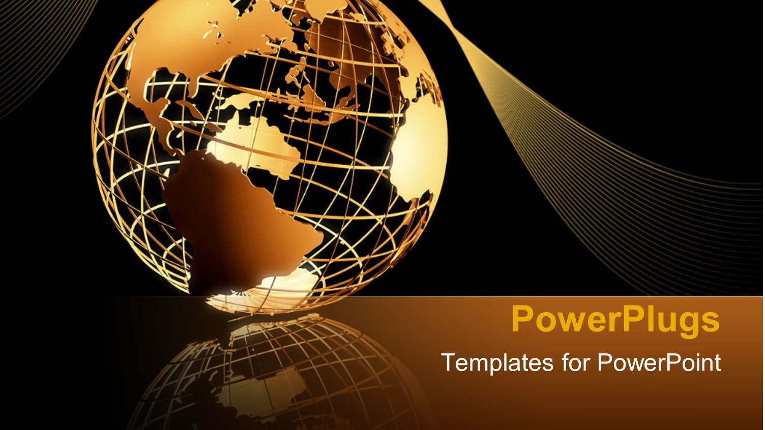 Transparent Golden 3D Globe on Mirrored Floor with Golden Waving Band on Black Background