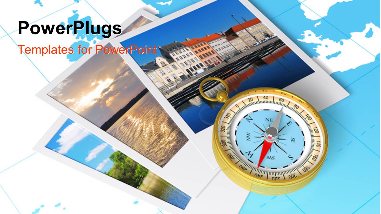 Travel Depictions and Golden Compass Over Blue World Map