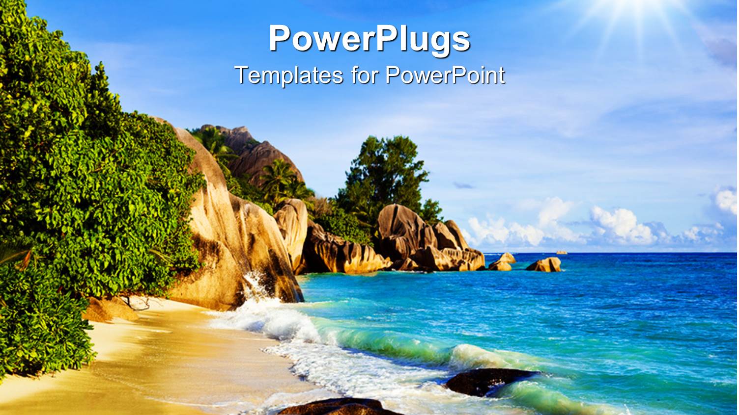 a Tropical Beach with Sea Water and Trees with Light Blue Sky and the Sun