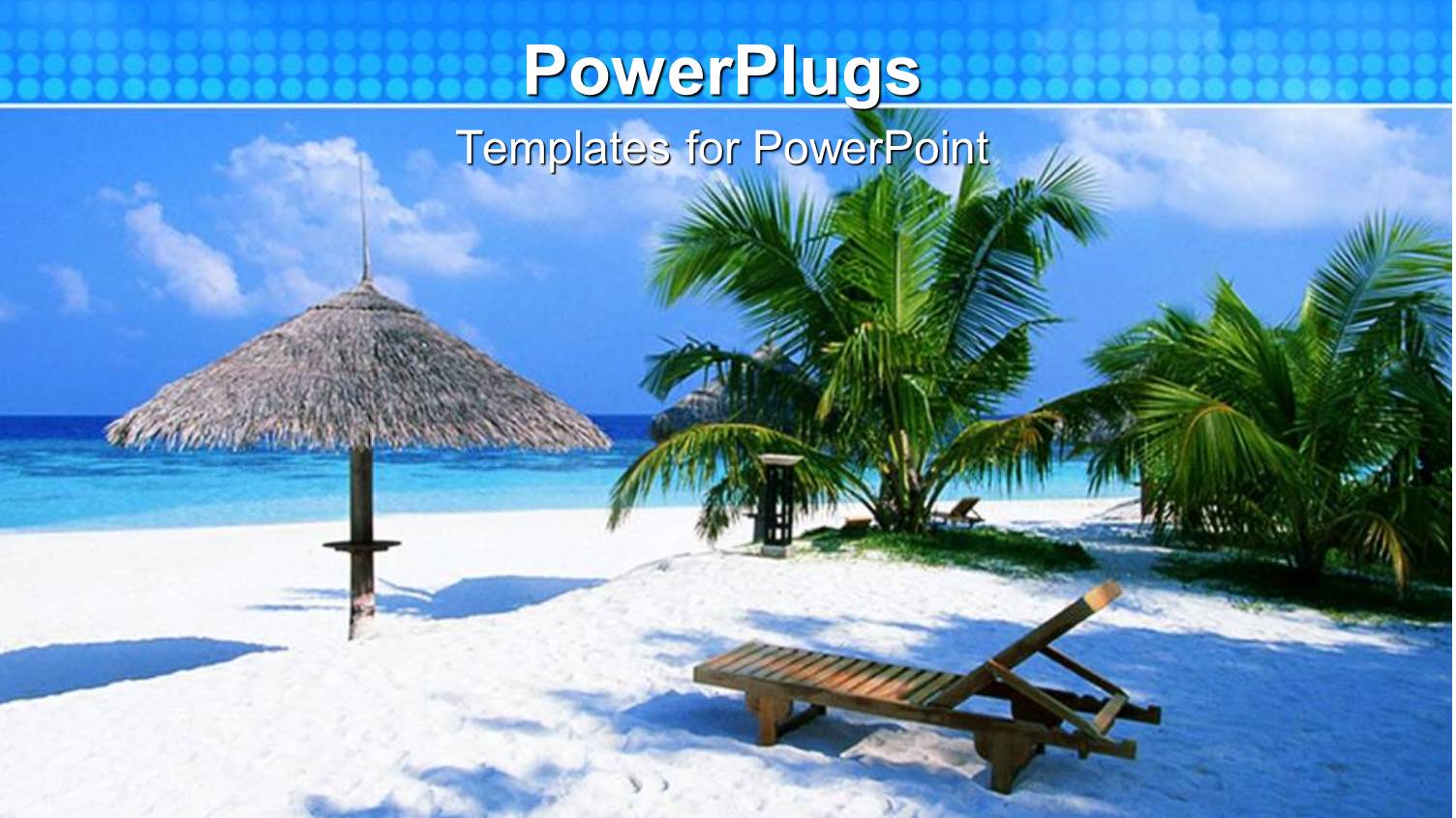 Tropical Beach Vacation Scene with Umbrella, Sand, Lounge Chair, Palm Trees