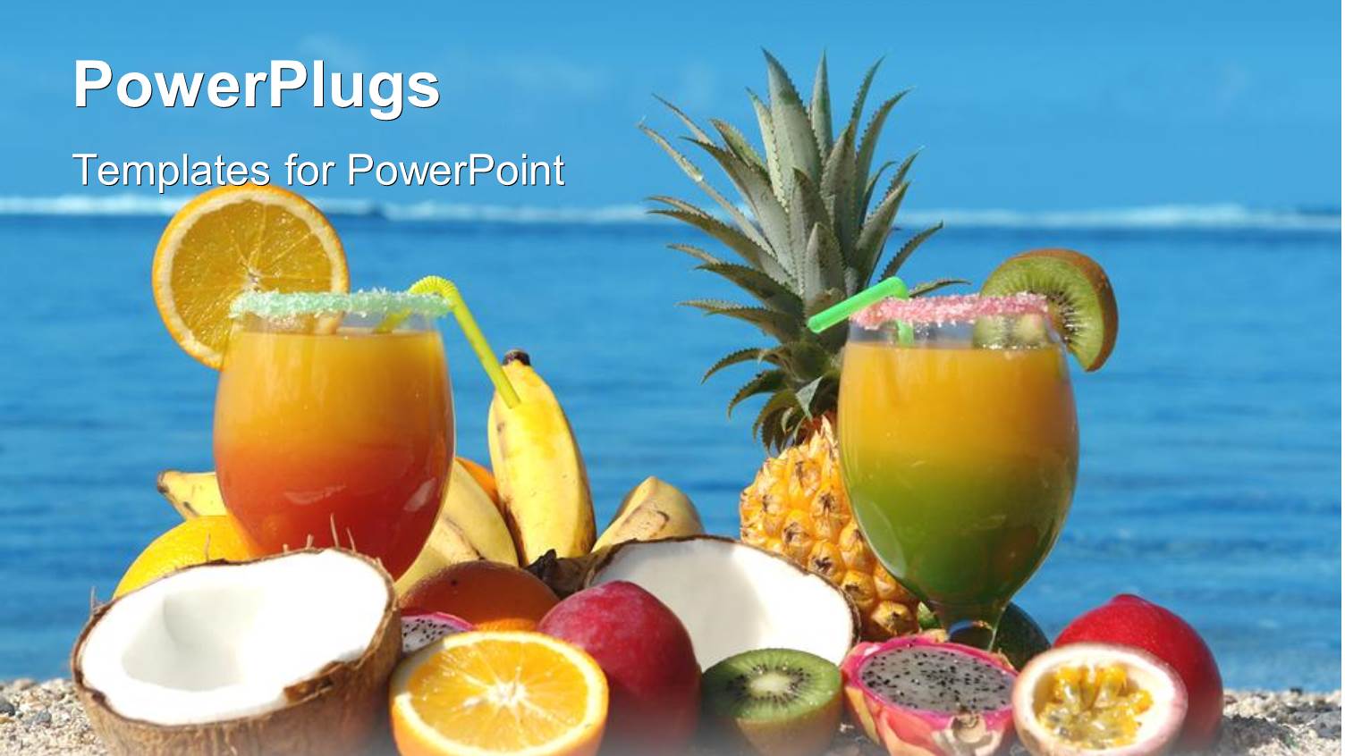 Tropical Fruits and Two Cocktails on Beach, Vacation, Travel, Island