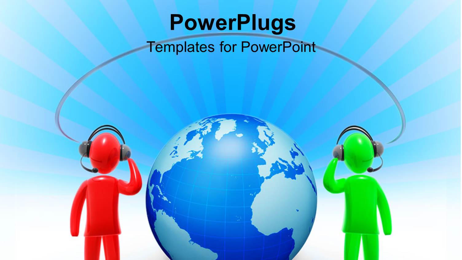 Two 3D Figures Red and Green Figure Communicating Through Internet Connection, Headphones and Microphone with Globe