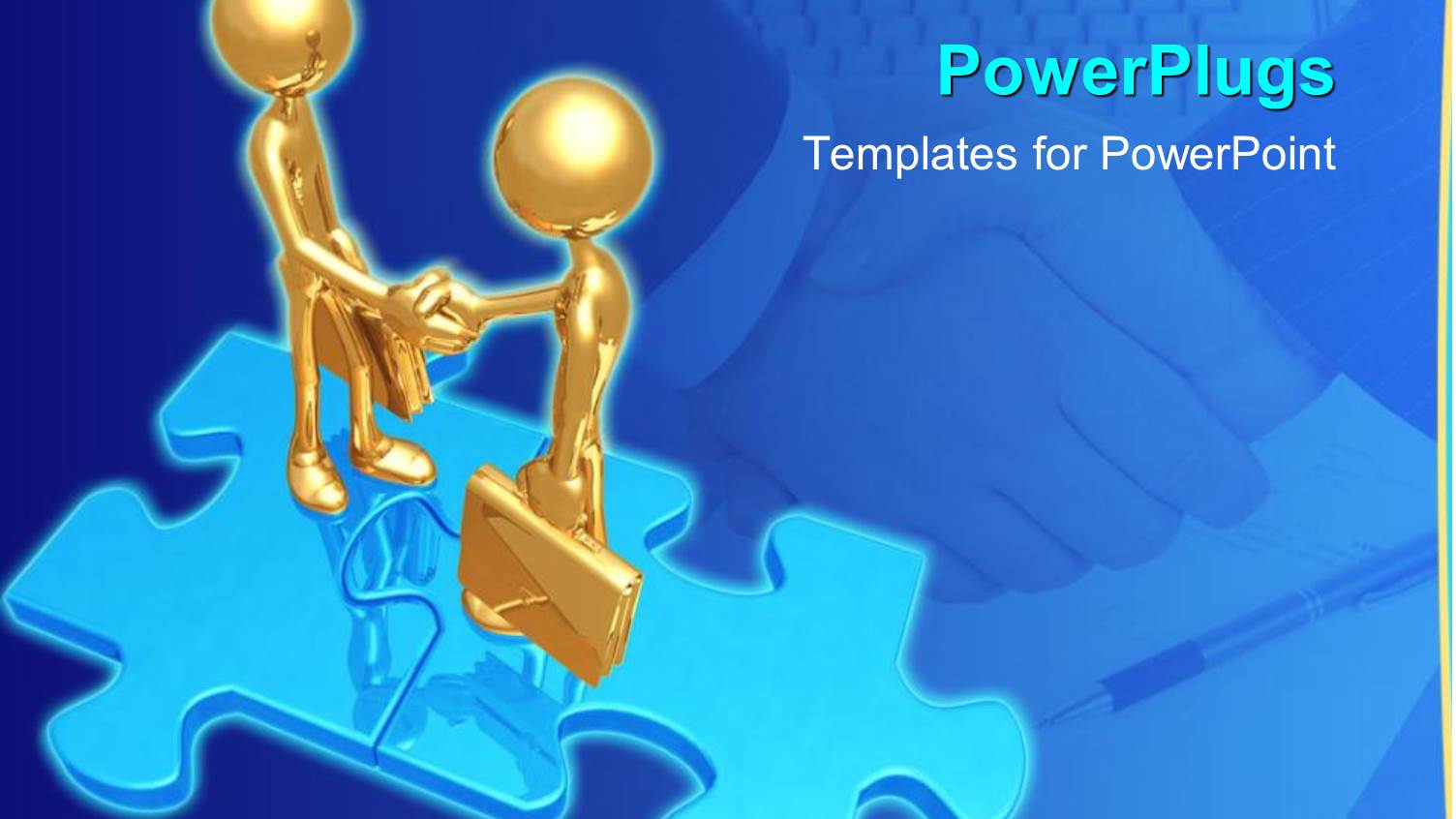 Two 3D Golden Figures with Suitcase Shaking Hands Standing on Light Blue Puzzle Pieces and Two Shaking Hands Over Paper
