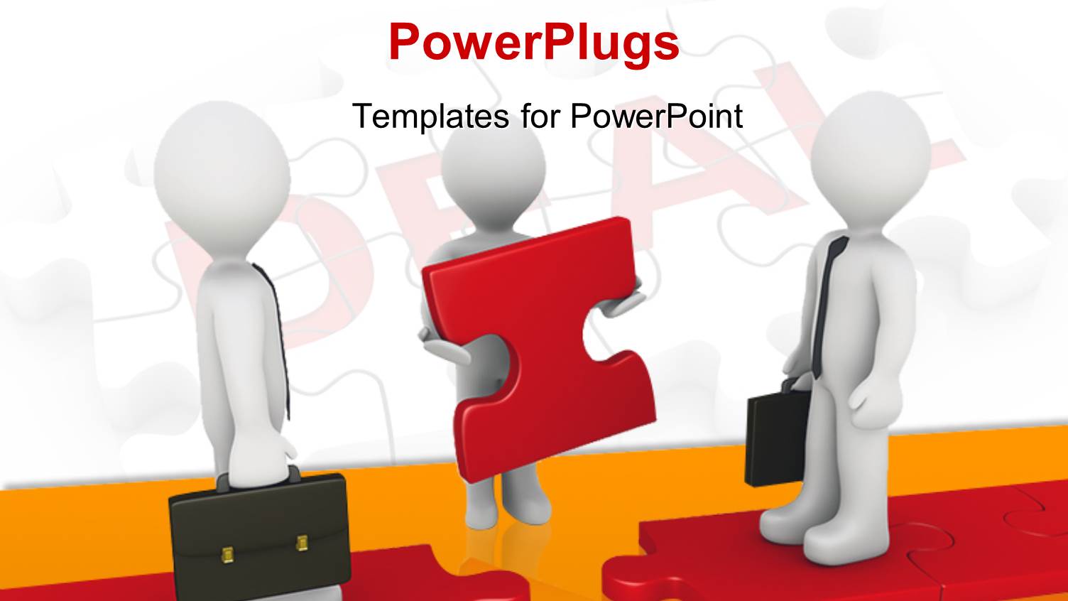 Two 3D Men with Briefcases and Third Man Holding Red Puzzle Piece