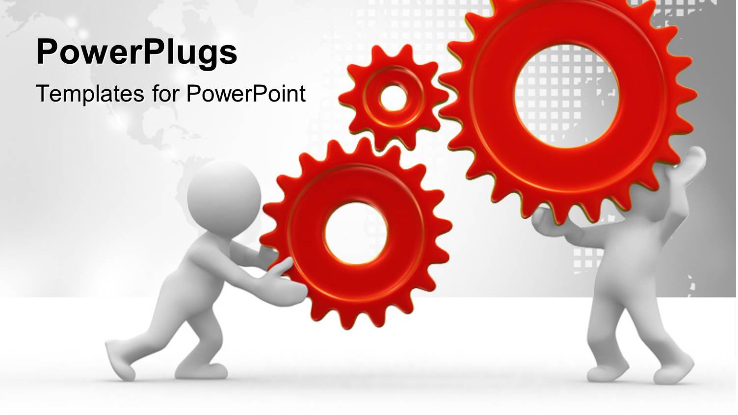 Two 3D Men Holding Three Gears Connected Together Firmly