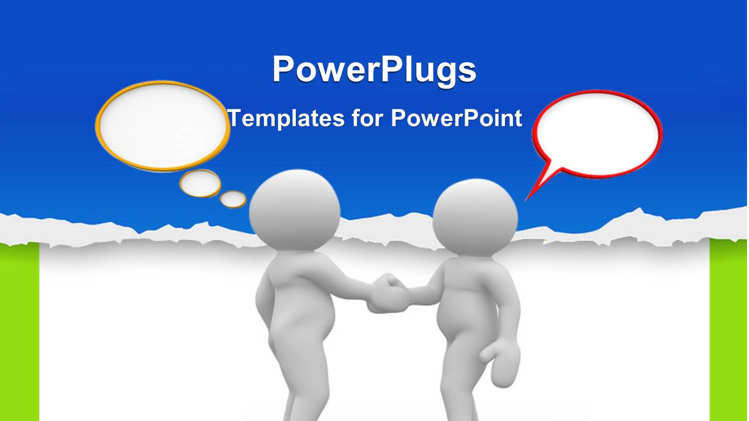 Two 3D Men with Speech Bubbles Shake Hands Over White Background