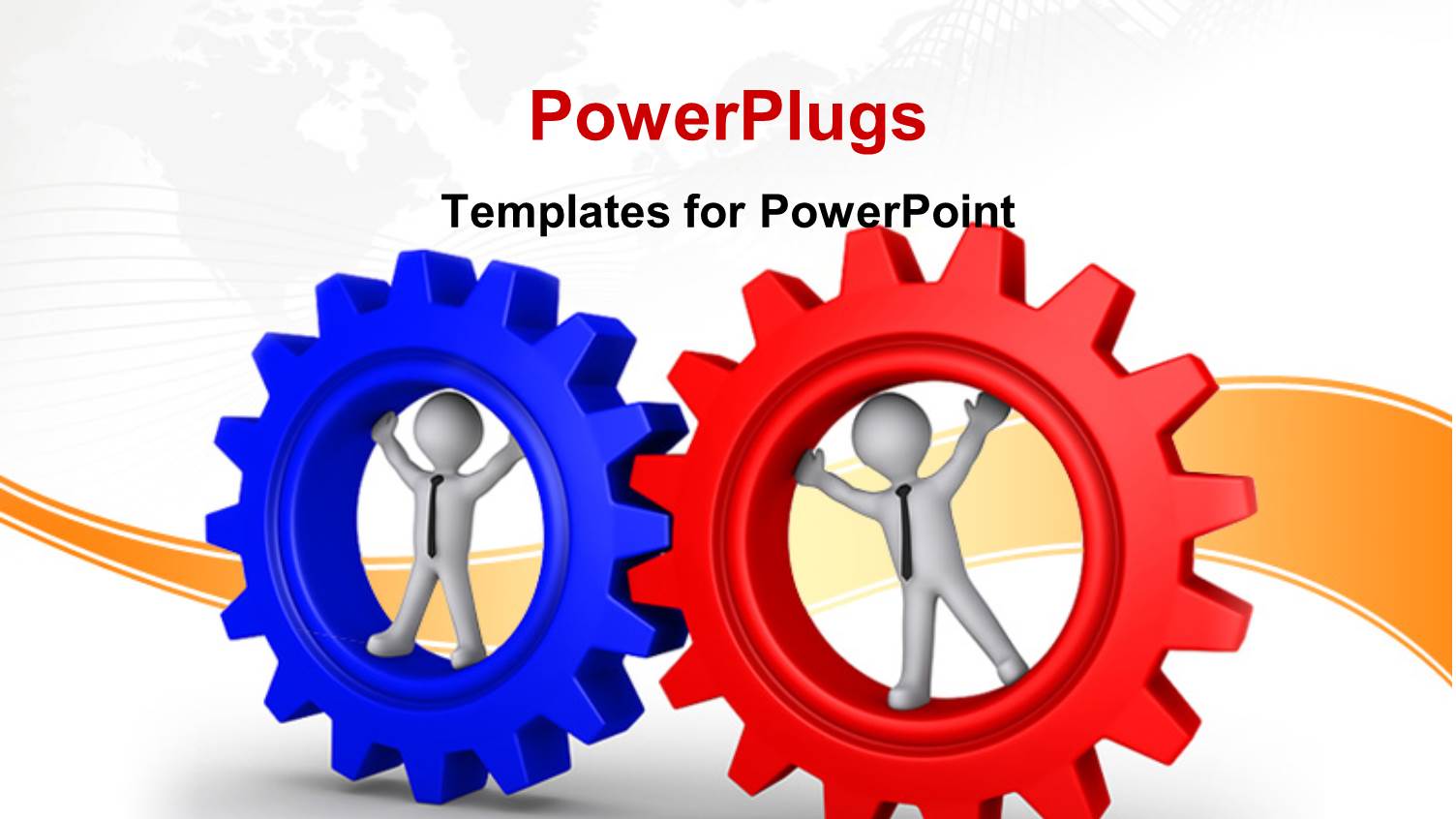 Two 3D Men Standing Inside Red and Blue Connected Cogwheels