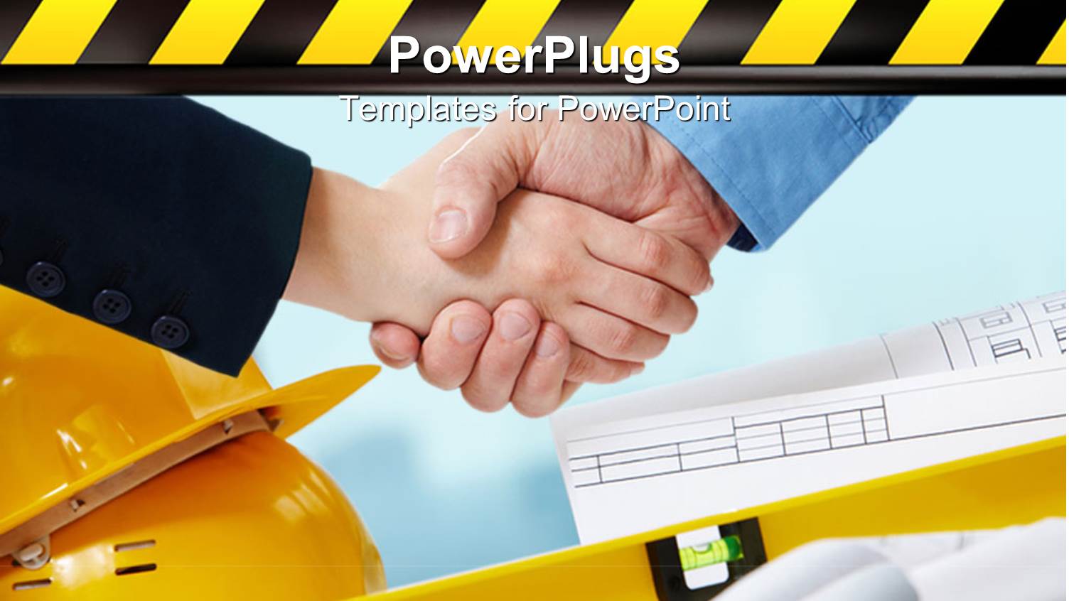 Two Adult Hands Shaking Hands with Construction Caps and Materials