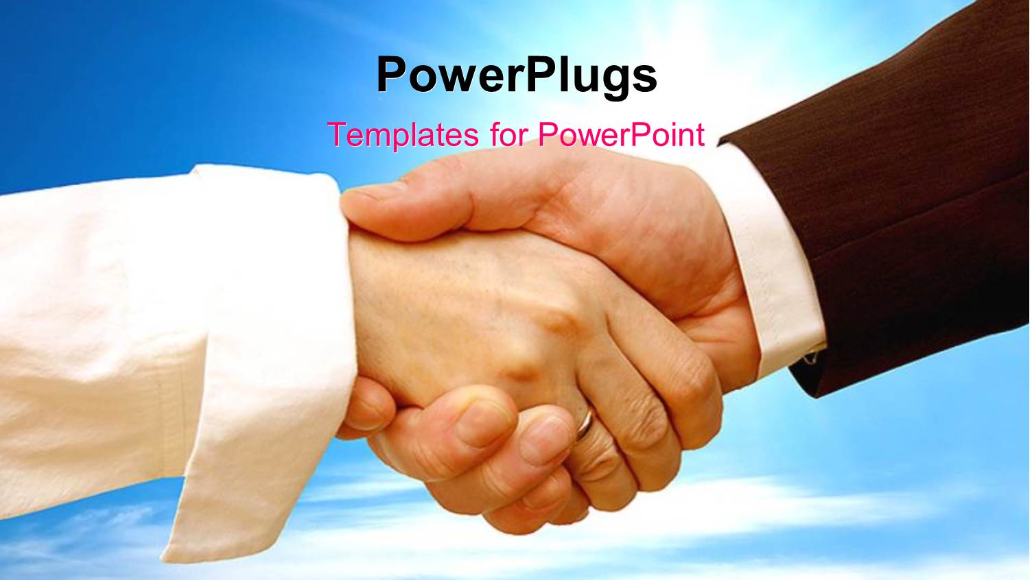 Two Adult Hands Shaking Under a Clear Blue Shy