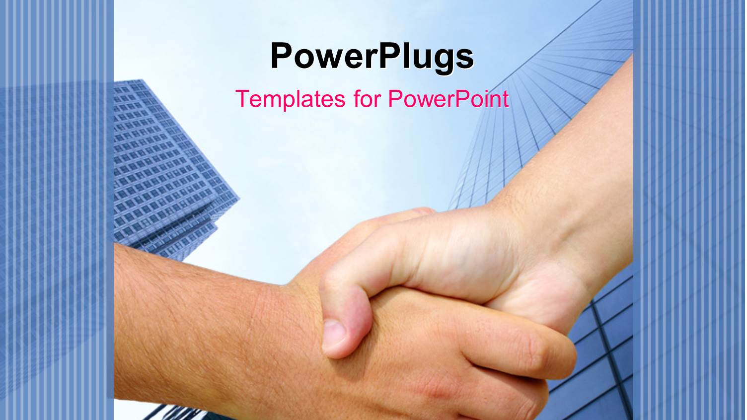 Two Adult Hands Shaking Under a Tall Sky Scrapper
