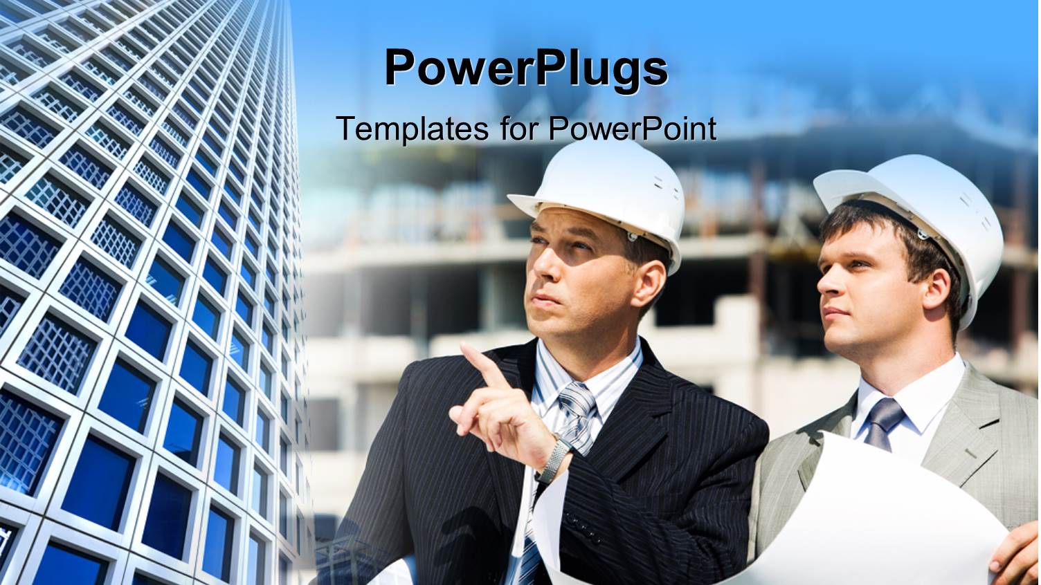 Two Architects Holding Building Blueprints in Construction Site with Office Buildings