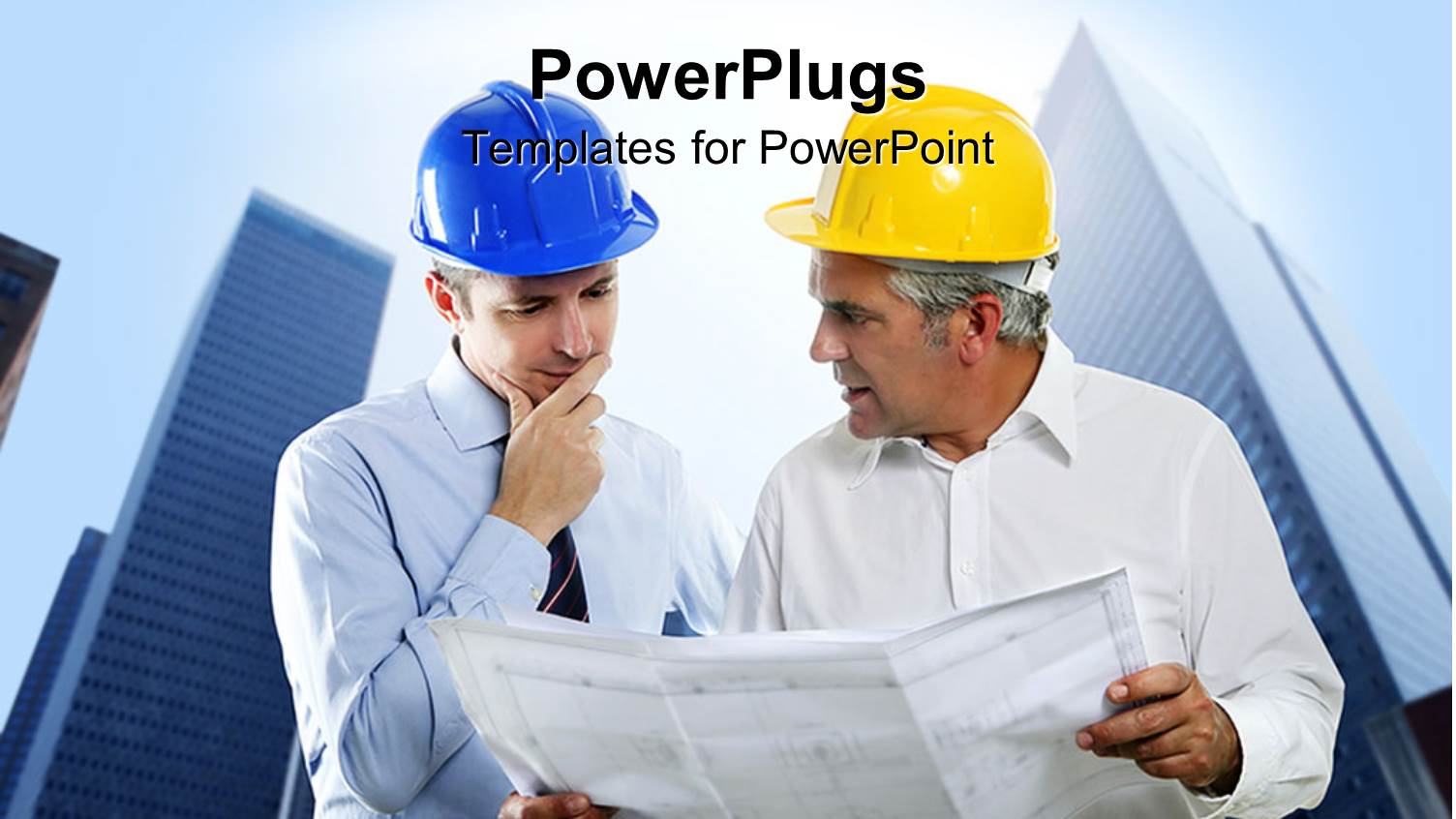 Two Architects with Protective Helmets Inspecting Floor Plan Over Skyscraper