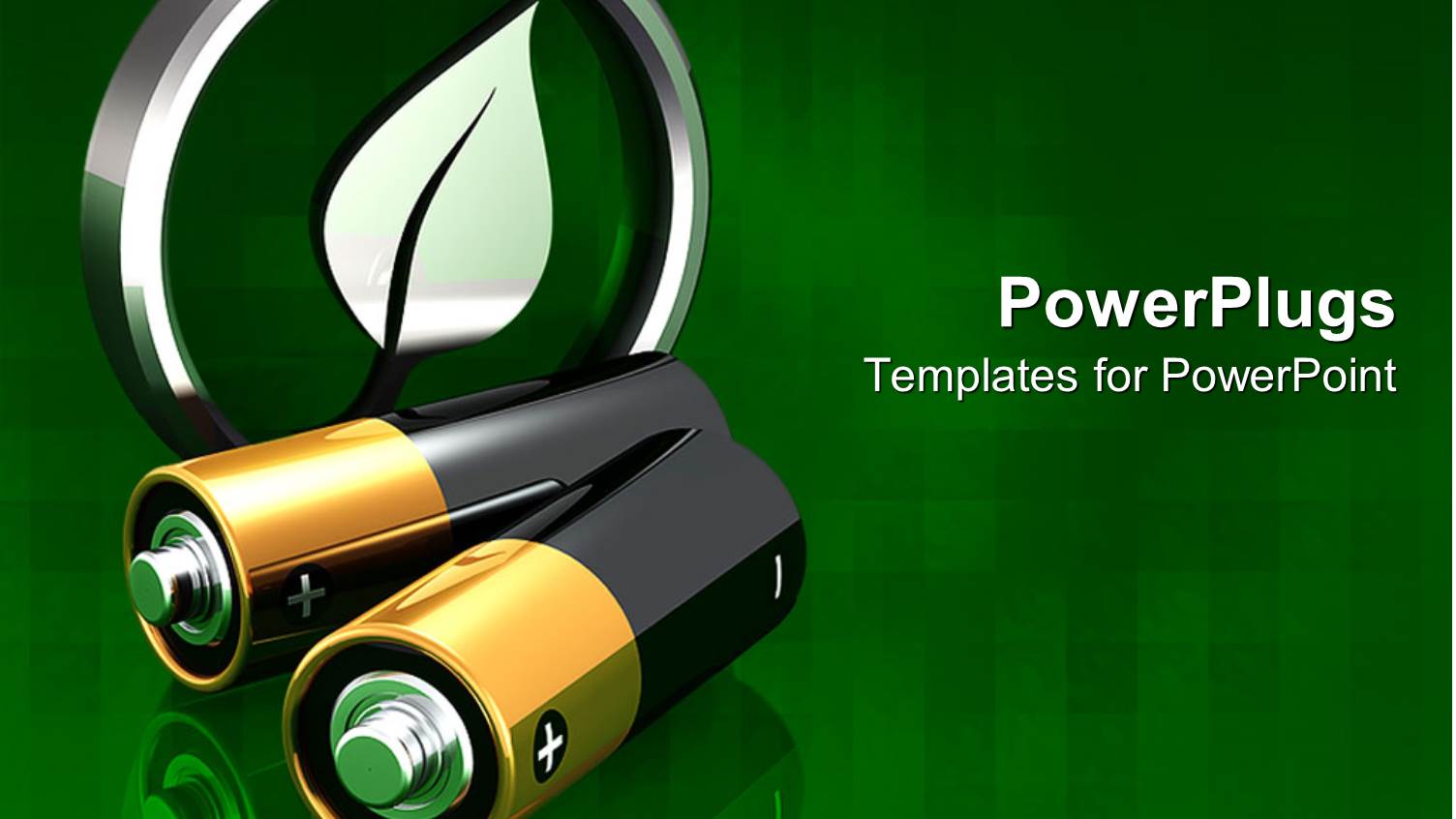 Two Batteries in Front of Metal Green Leaf in Circle Symbol on Green Background Symbolizing Environment
