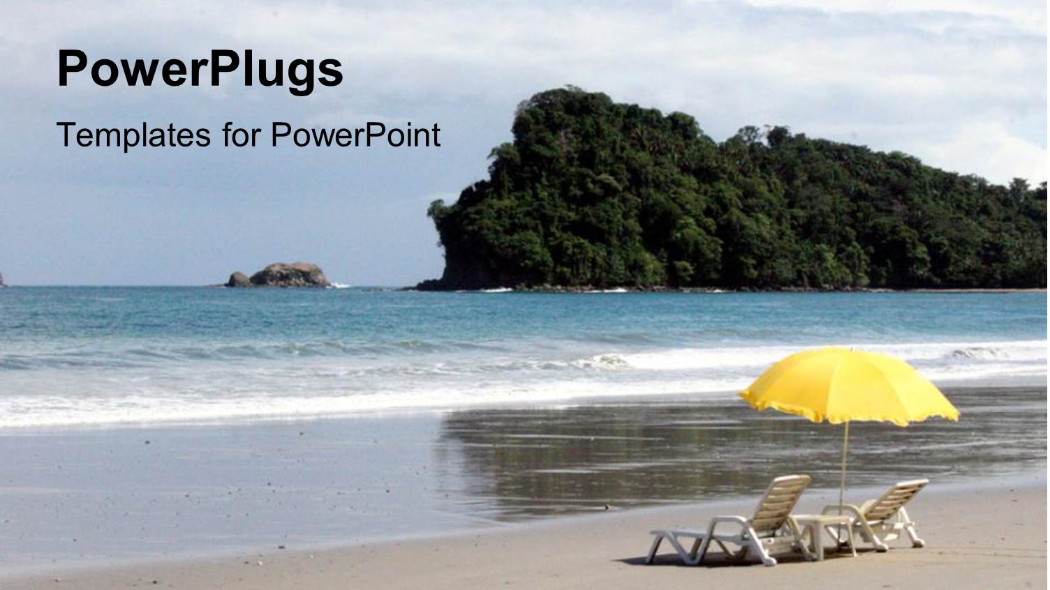Two Beach Chairs and a Yellow Umbrella on the Shores of a Beach