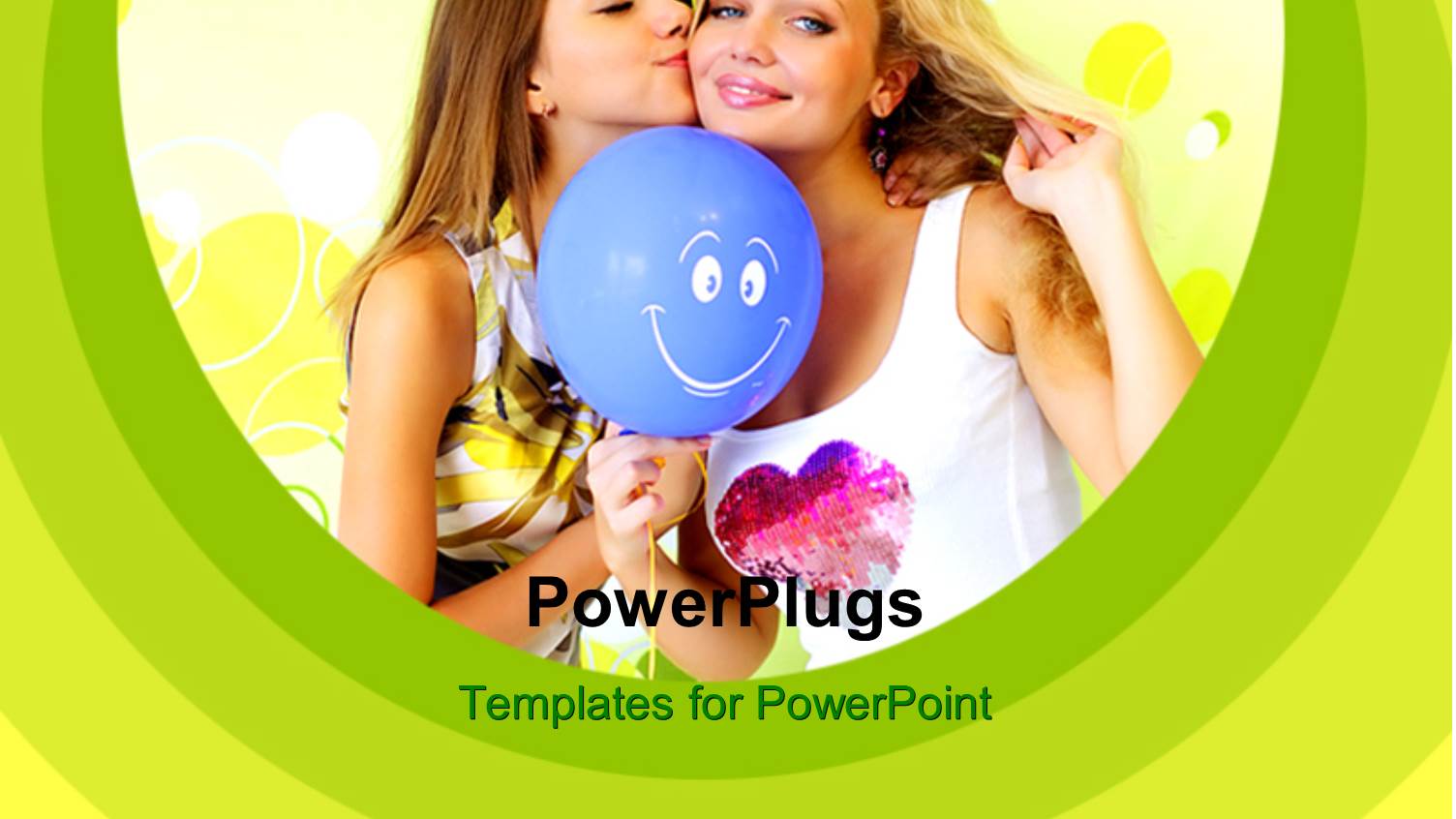 Two Beautiful Sisters with Blue Smiley Balloon Over Green Background 