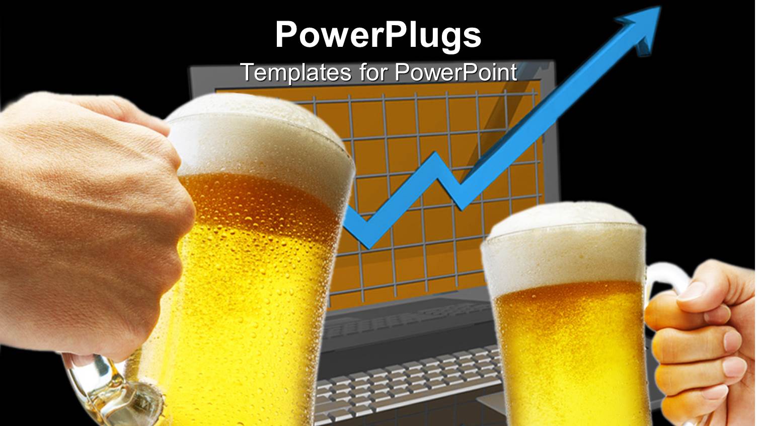 Two Beers Toasting Over a Laptop Showing Arrow Moving Up
