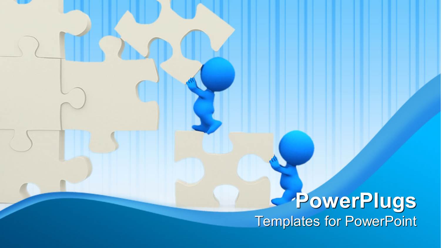 Two Blue Figures Working Together to Assemble White Jigsaw Puzzle