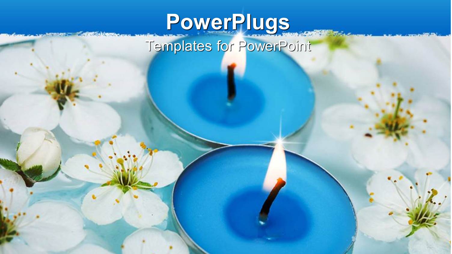 Two Blue Scented Spa Candles Lit on Water with White Flowers