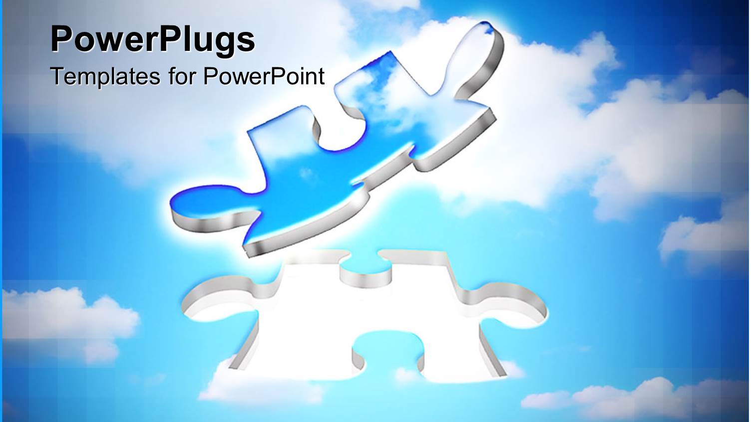 Two Blue and Silver Colored Floating Puzzle Pieces on a Cloudy Background