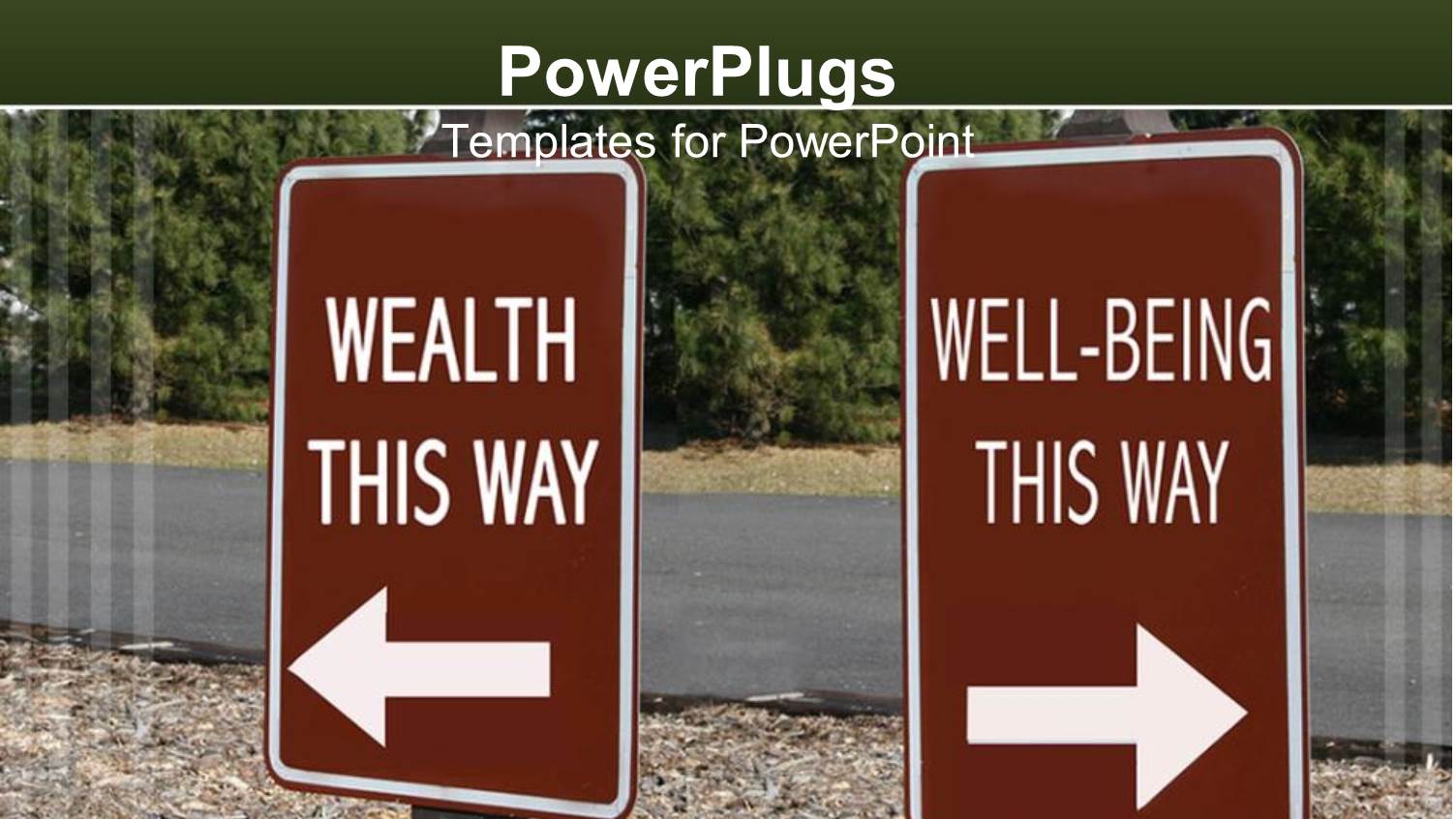 Two Brown Signs Written Wealth this Way and Well-Being this Way