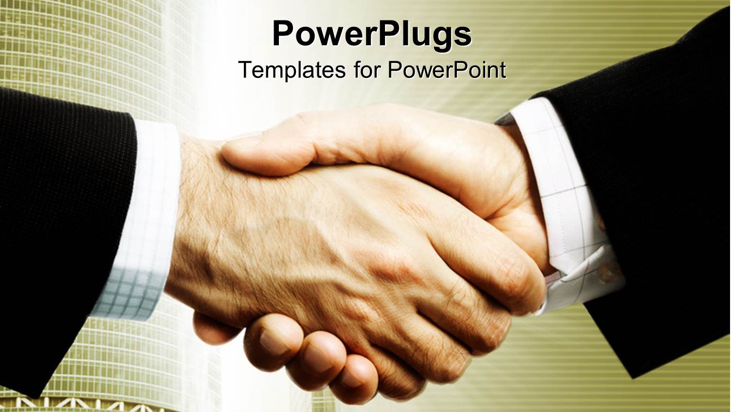 Two Business Men Shaking Hands on Background Showing large High Rise Buildings