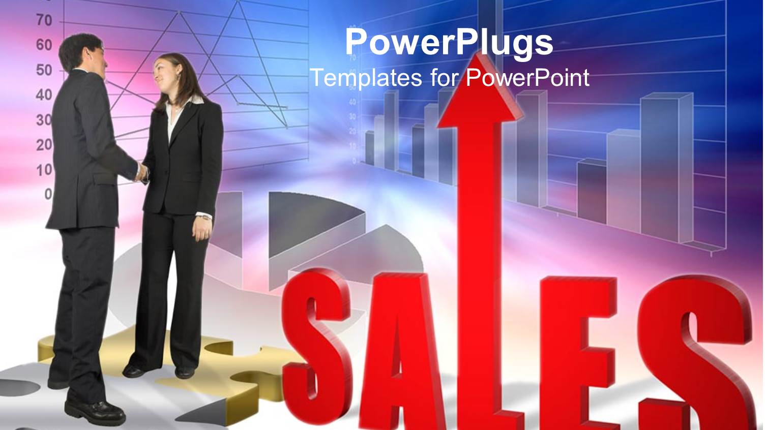 Two Business People Shaking Hands Standing on Puzzle Pieces with a Sales Text