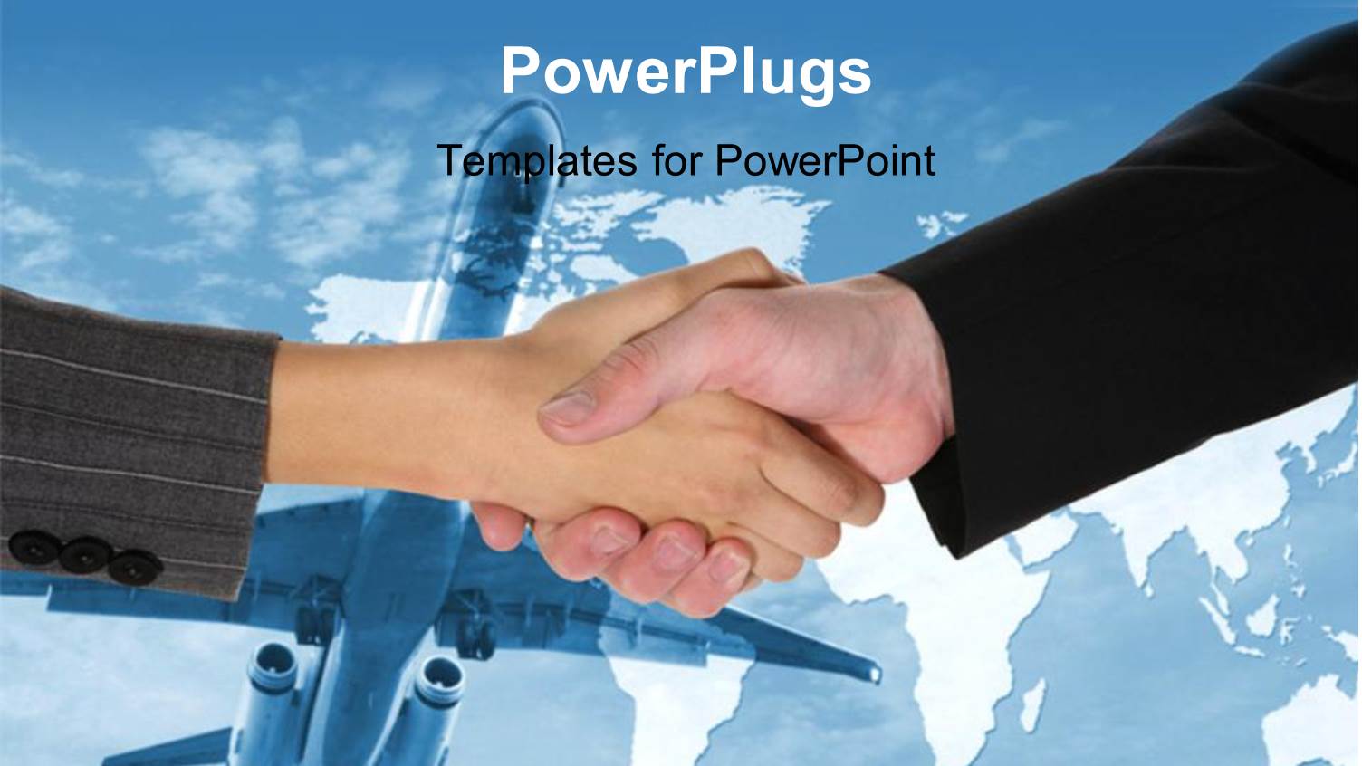 Two Business People Shaking Hands Under a Moving Airplane