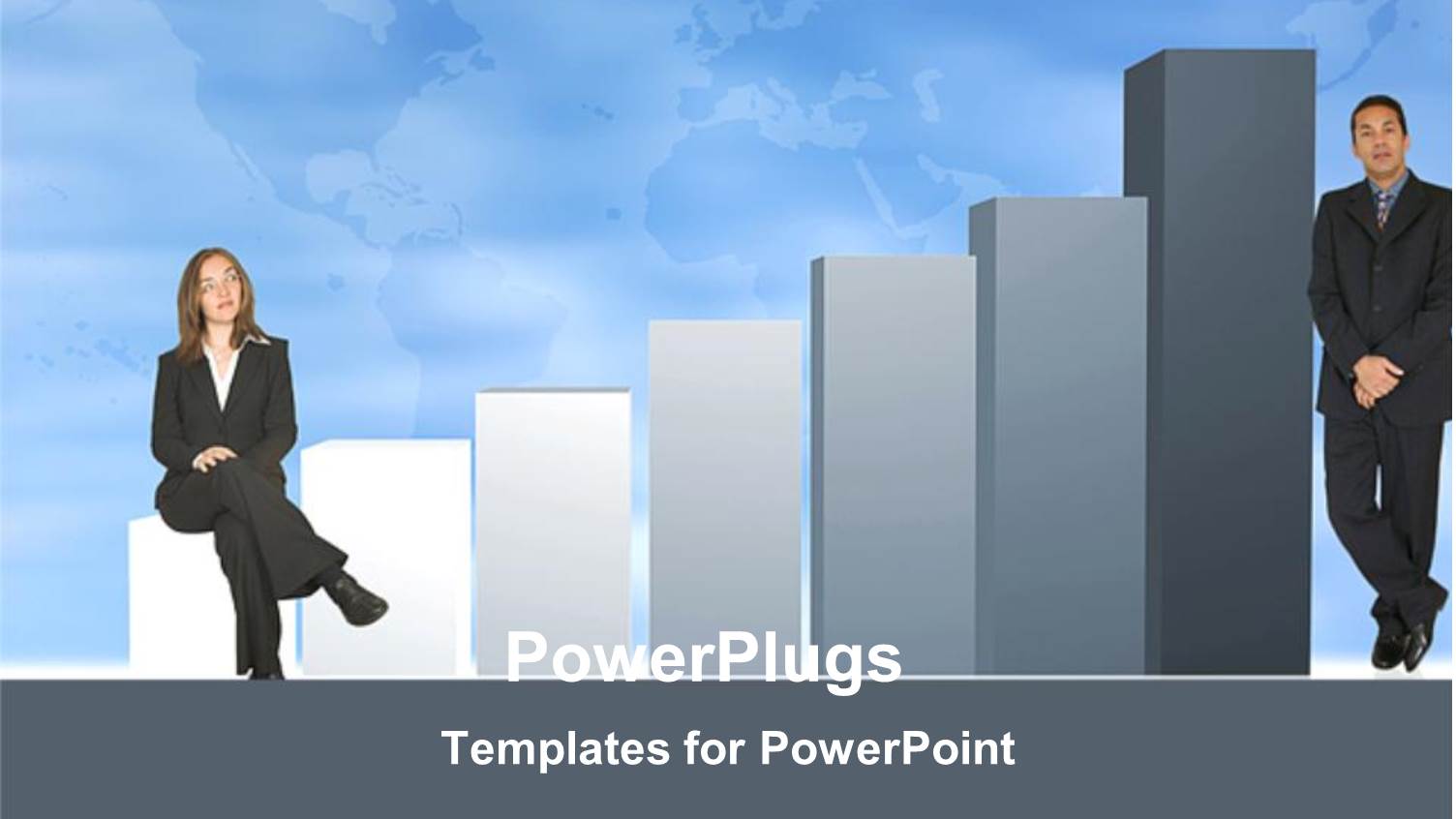 Two Business People Standing at Opposite Sides of a Bar Chart