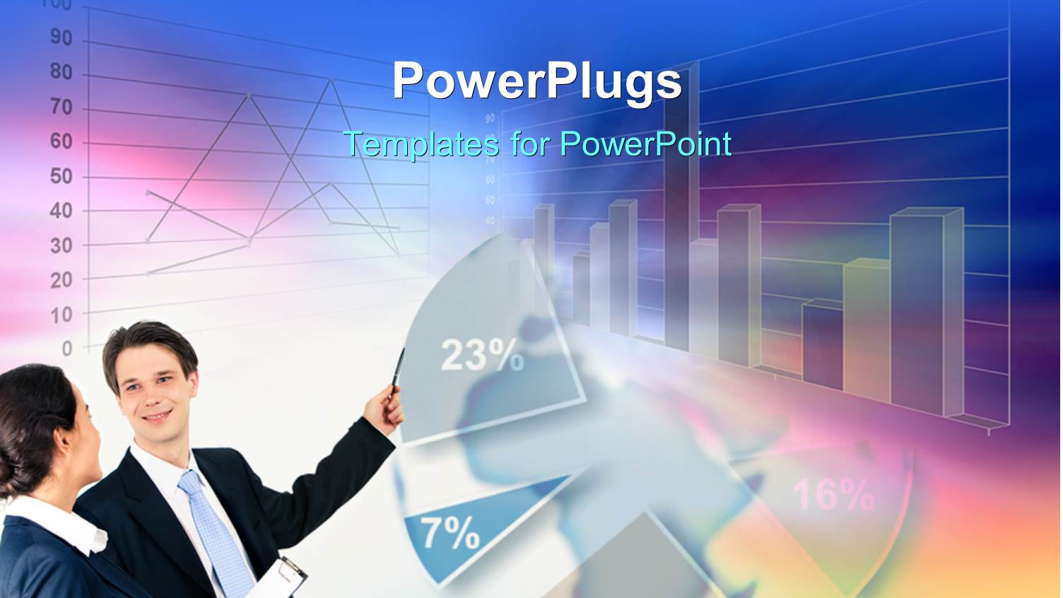 Two Business Professionals Analyzing Financial Charts Over Blue Background