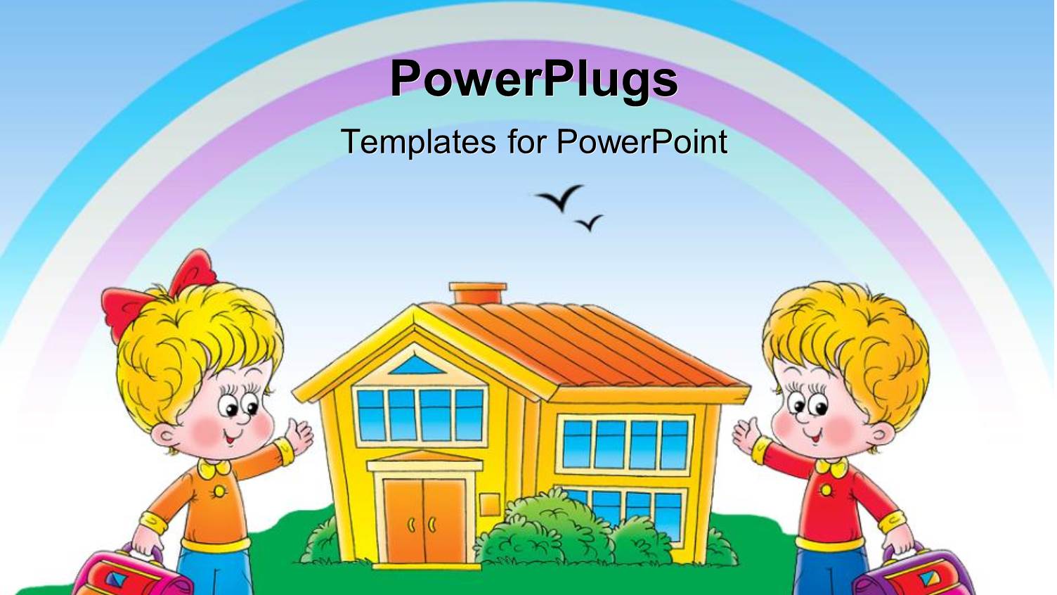 Two Children Cartoon Characters Holding School Bags and Pointing to a House