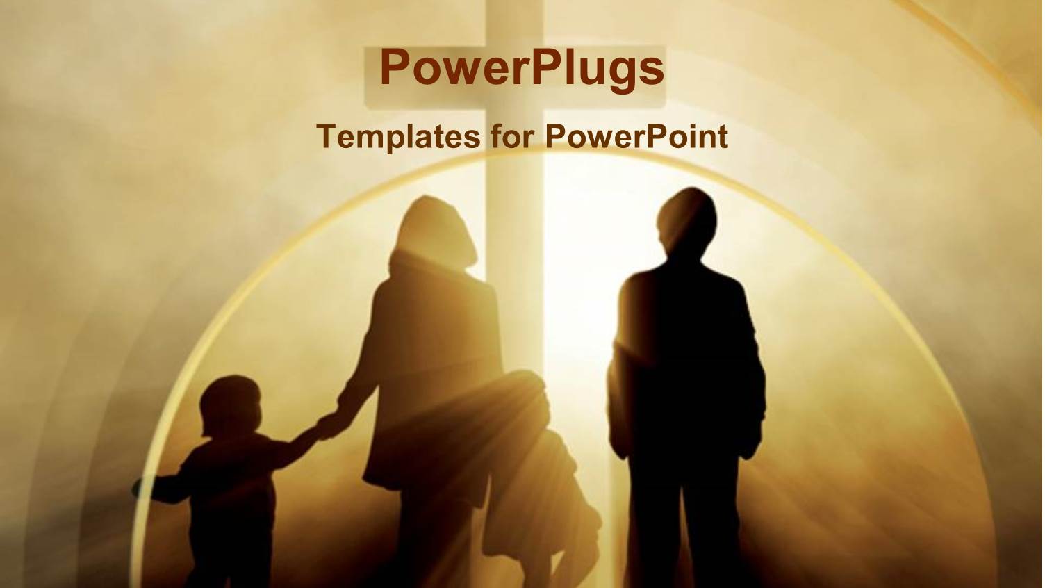 Two Children with Parents Family Holding Hands Heading Towards Cross in Light