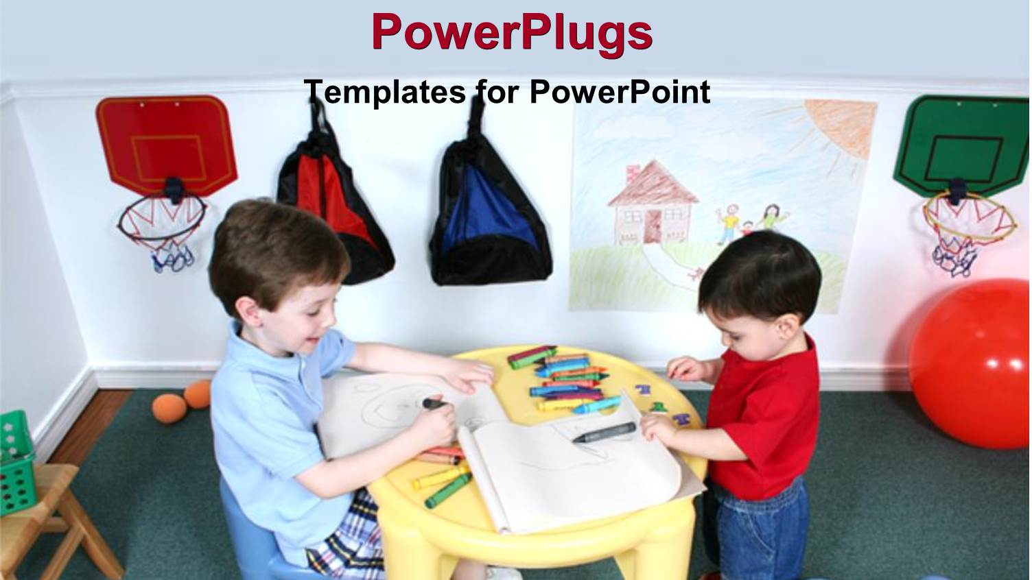 Two Children Playing with Crayons and Books in a Class Room