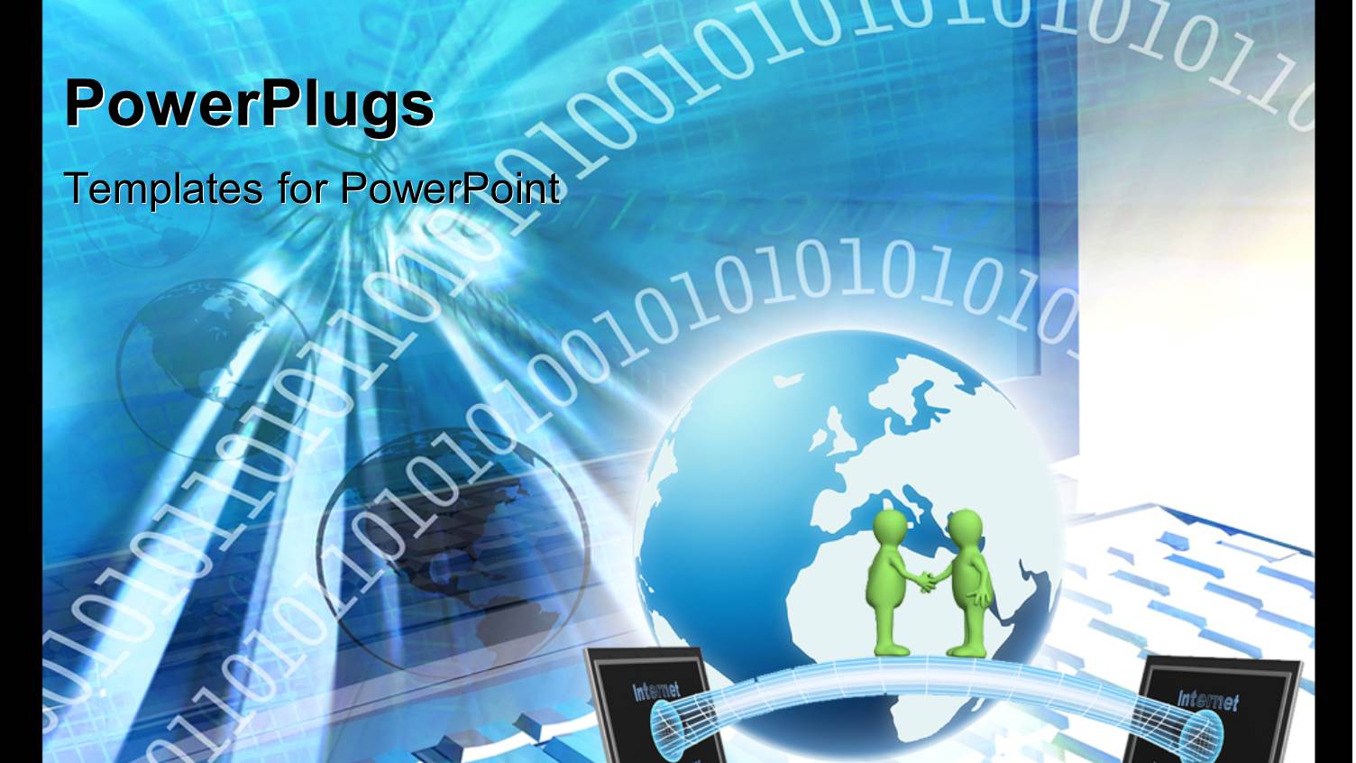 Two Connected Laptops, Businessman Handshake and Binary Numbers in Blue Background