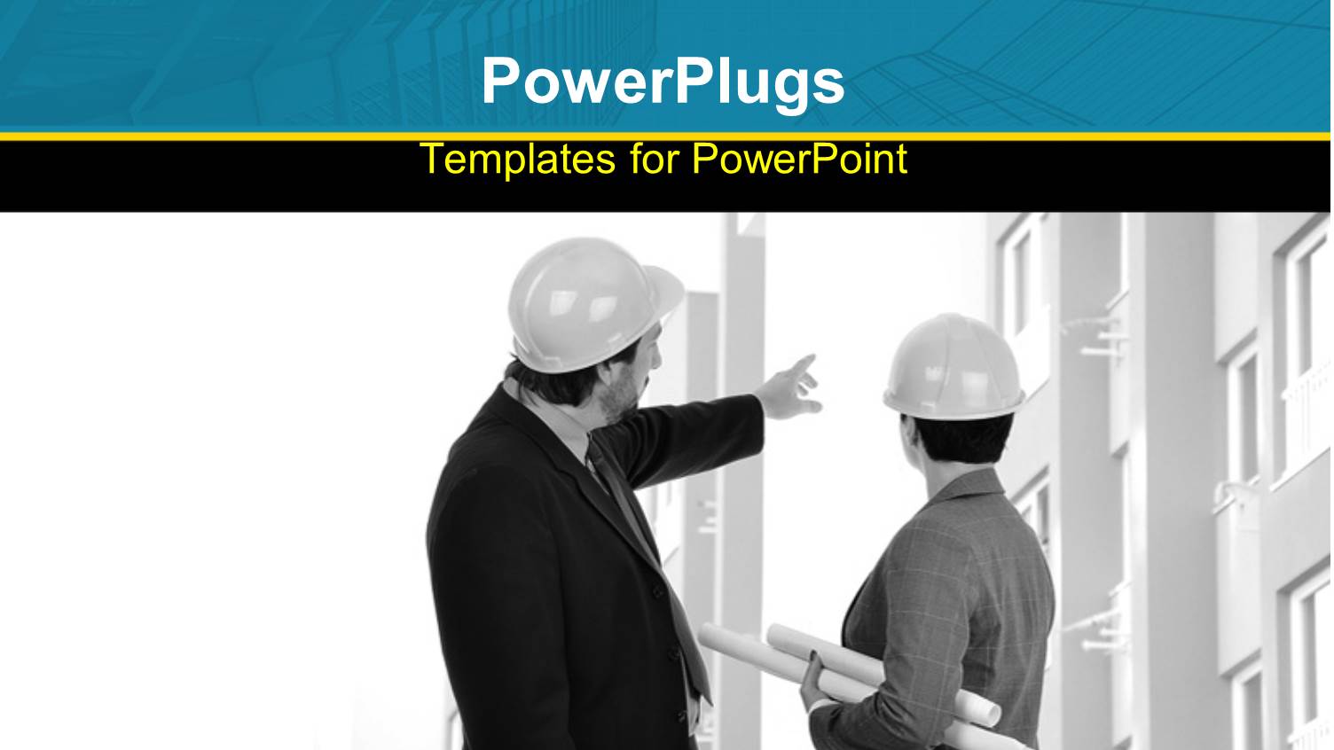 Two Construction Engineers with Architectural Drawing Points at Building