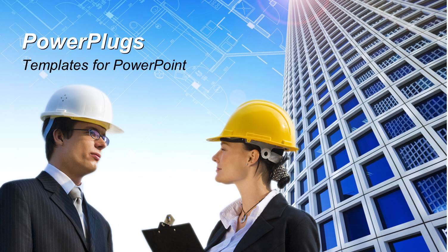 Two Construction Workers with a Skyscraper in the Background