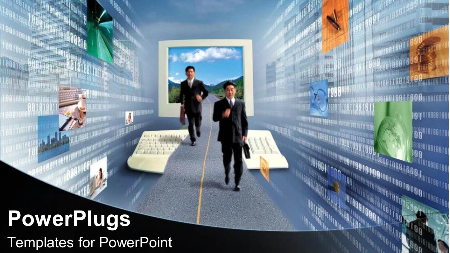 Two Corporate Business Men Walking on a Digital Hall Way