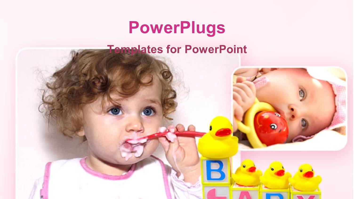 Two Depictions of Lovely Babies Newborn Baby with Toy Baby Girl Eating with little Spoon, Baby Cubes with Four Yellow