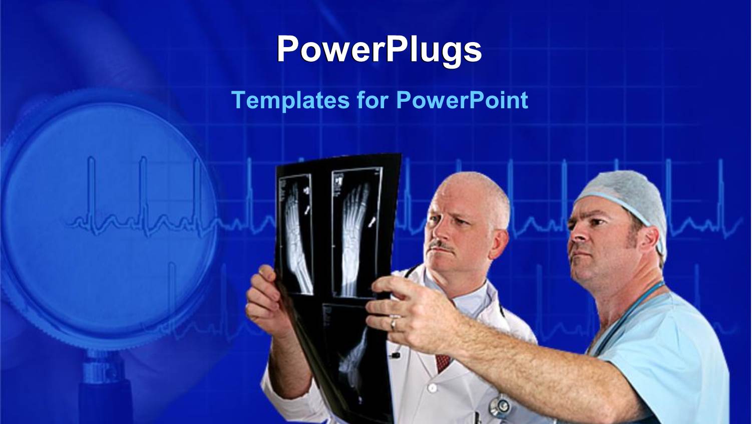 Two Doctors Consulting X-ray Report of Foot, Magnifying Glass and Heartbeat Line on Blue Background