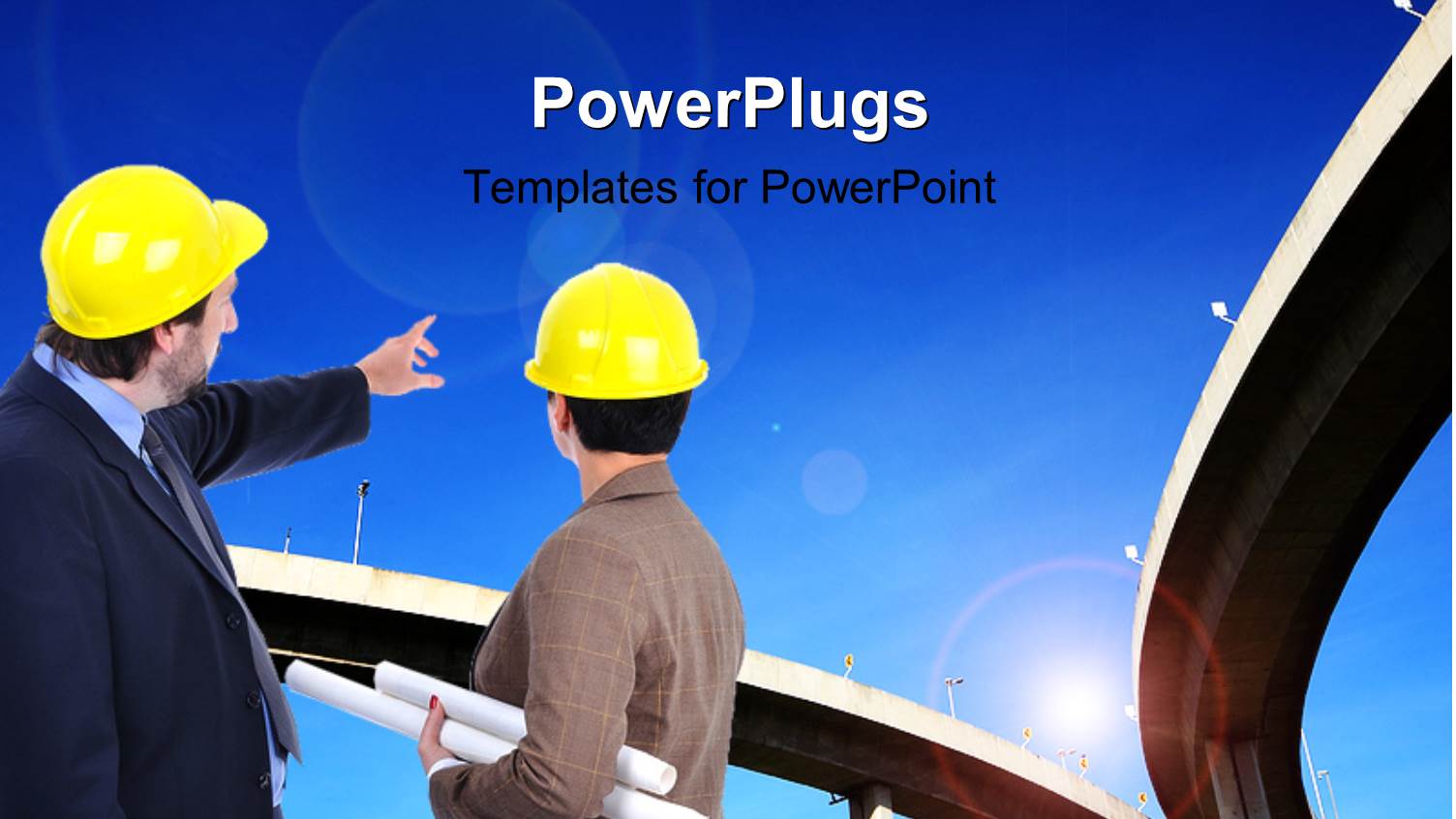 Two Engineers Discussing and Pointing to Highway Overhead Bridge 