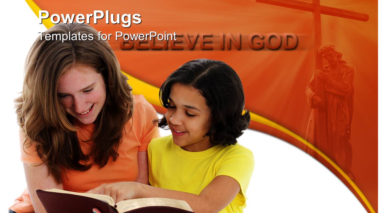 Two Females Reading a Bible with a Cross and a Believe in God Text