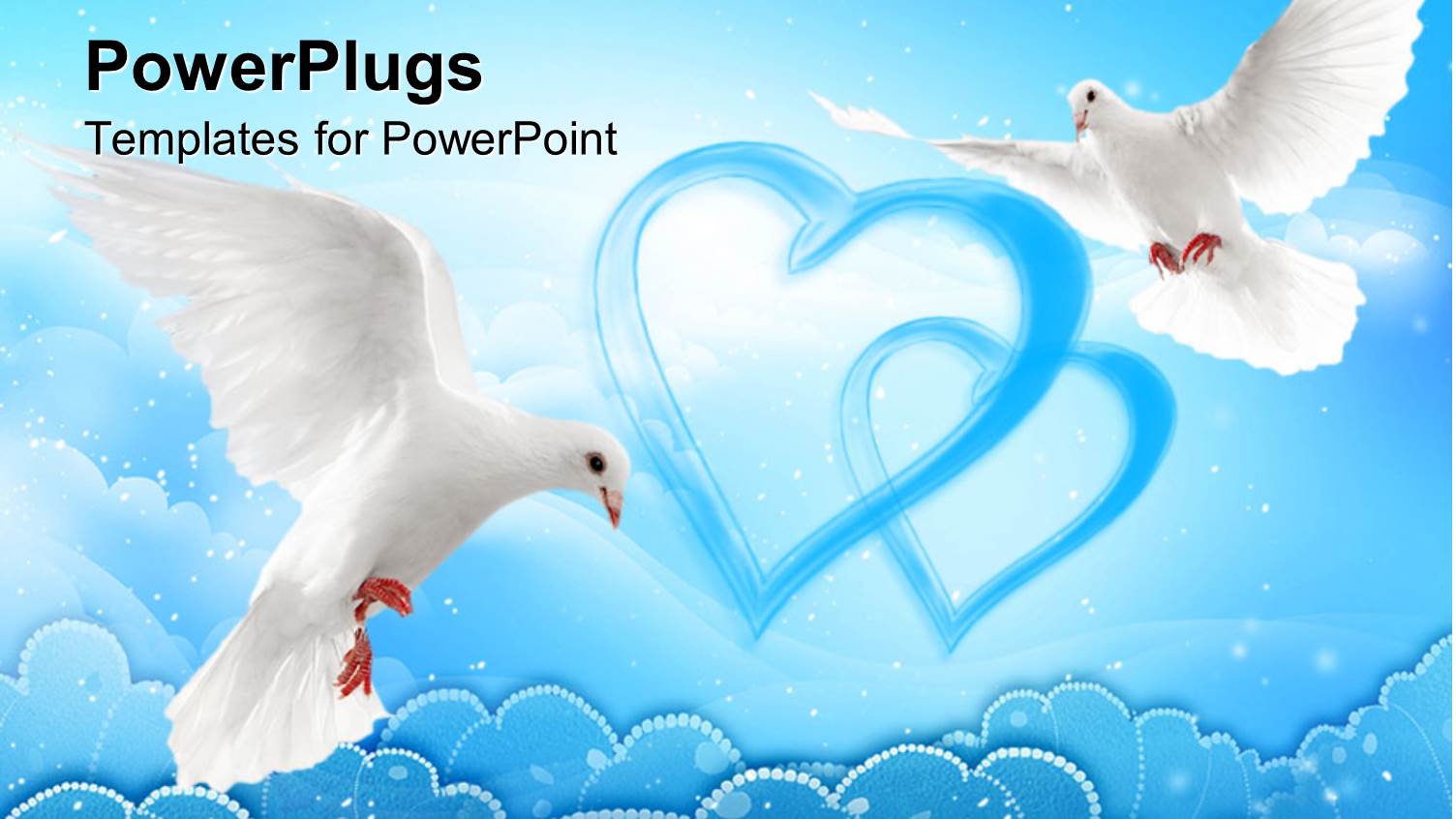 Two Flying Doves with Wide Open Wings with Two Blue Hearts Over the Clouds
