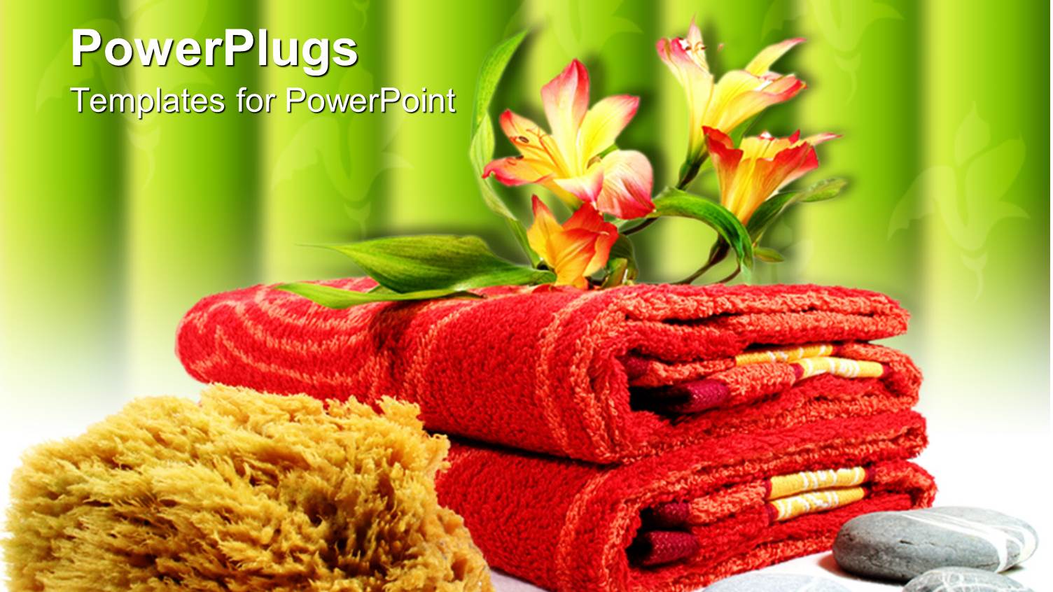 Two Folded Red Towels with Flowers and some Pebbles