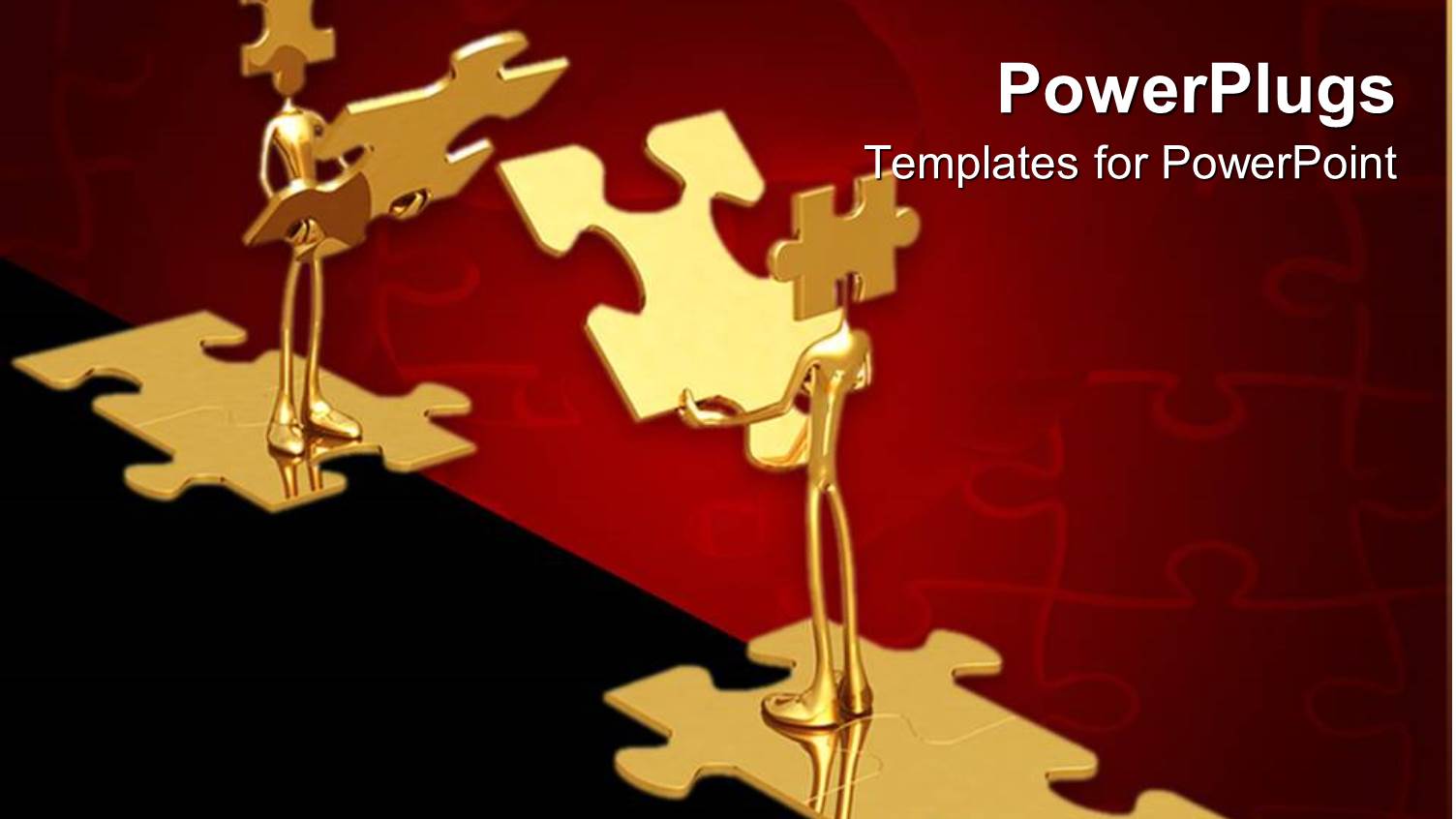 Two Gold Colored Characters Holding and Standing on Puzzle Pieces